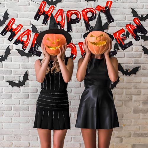 Happy Halloween Foil Balloons Banner - 16 Inch Black and Red Party Decor