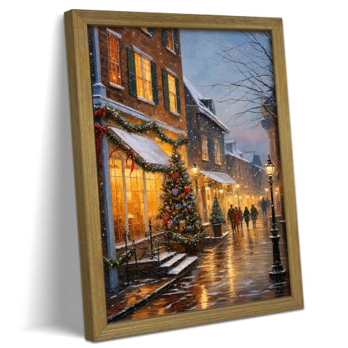 Christmas Wall Art Canvas Print Framed Vintage Snow Street Scene 16x12 - Red Barn