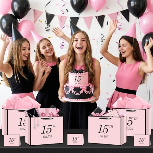 15th Birthday Gift Bag for Girls, Large Pink & Black Est. 2011 Present Bag with Card and Tissue Paper