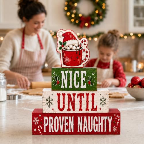 Christmas Hot Cocoa Wooden Tiered Tray Decor - Rustic Holiday Table Centerpiece