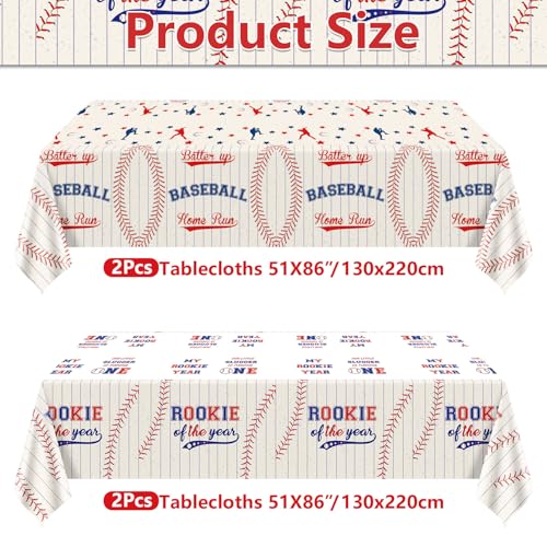 Rookie of the Year Baseball Tablecloths 4-Pack, 51x87 Inch Disposable Plastic Party Table Covers for Boys 1st Birthday