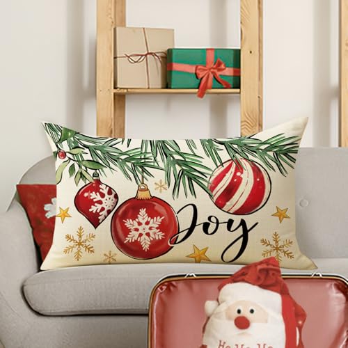 Christmas Balls Lumbar Throw Pillow Cover, 12 x 20 Inch Cotton Linen Case