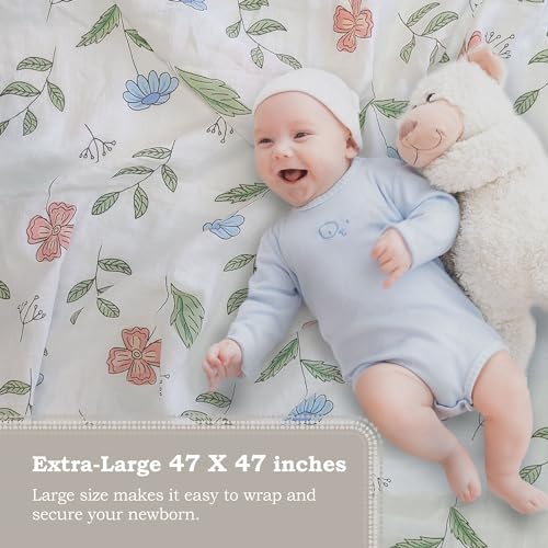 Moonybaby 100% Organic Cotton Swaddle Blanket - 47x47 Inch, Flower Pattern
