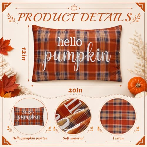 12x20 Orange Tartan Fall Pillow Cover with Hello Pumpkin Embroidery