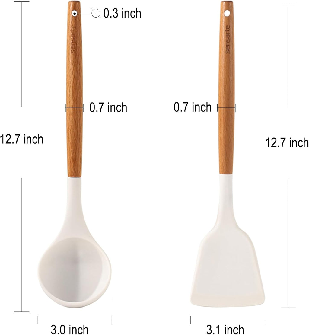 SENSARTE Silicone Cooking Utensils Set - 2-Piece Spatula & Ladle with Wooden Handle | White