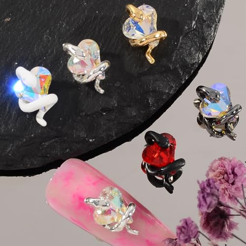 MEILINDS Gold Snake Nail Charms with Iridescent Heart Rhinestones 10PCS 3D Alloy Nail Gems for Acrylic Nails DIY Nail Art Decorations