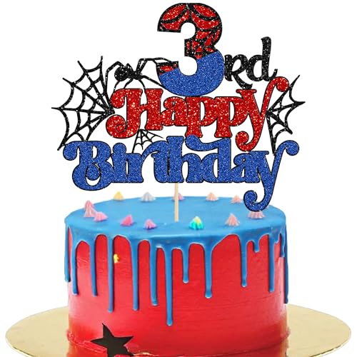 Spider Happy 3rd Birthday Cake Topper - Glitter Red & Blue Party Decor