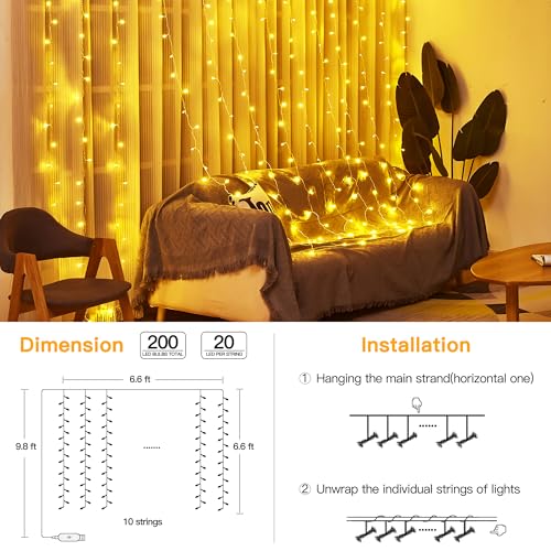 Curtain Lights 6.6x6.6ft, 200 LED String Lights with Remote Control, Warm White - 1 Pack