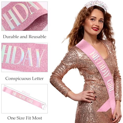 COCIDE Pink Glitter Birthday Girl Headband and Sash Set Tiara Gift