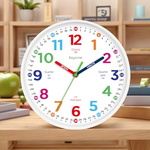Roymnie 8-Inch Kids Learning Wall Clock - Silent Non-Ticking White Grain