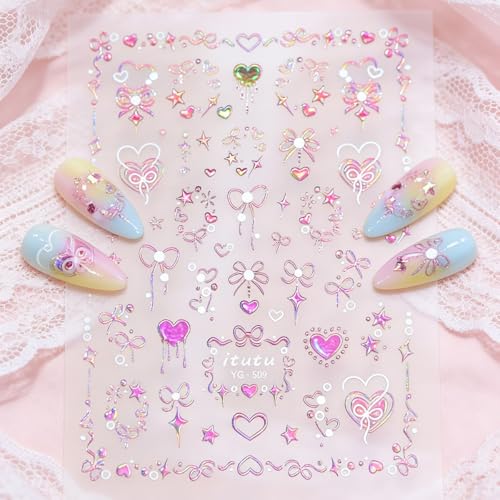 5D Embossed Pink Nail Stickers Self-Adhesive Heart Bow Nail Art Decals