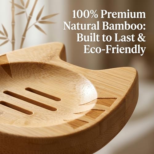 LIKEYO Cat Bamboo Soap Dish Self Draining for Shower & Bathroom