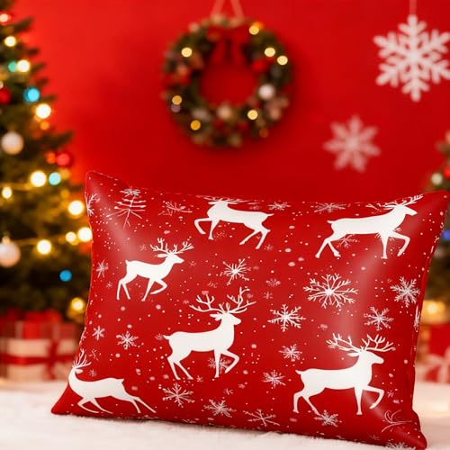 Satin Pillowcase Queen Size Deer Snow Red Christmas Pillow Cover