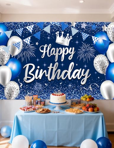 Blue Happy Birthday Backdrop Banner - 73" x 43" Large Fabric Poster