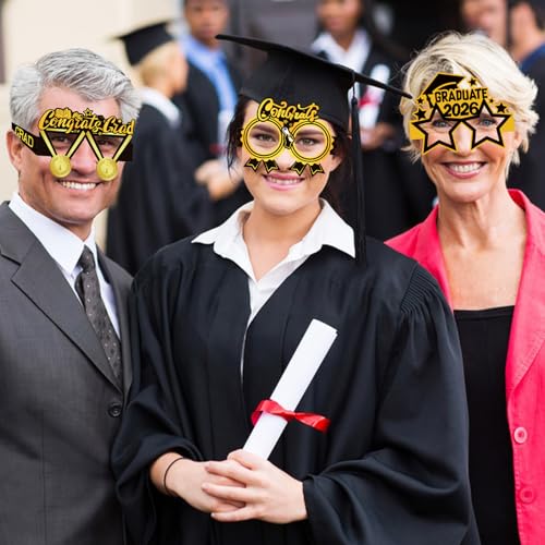16PCS Graduation Glasses for Class of 2026 - Black & Gold Photo Props