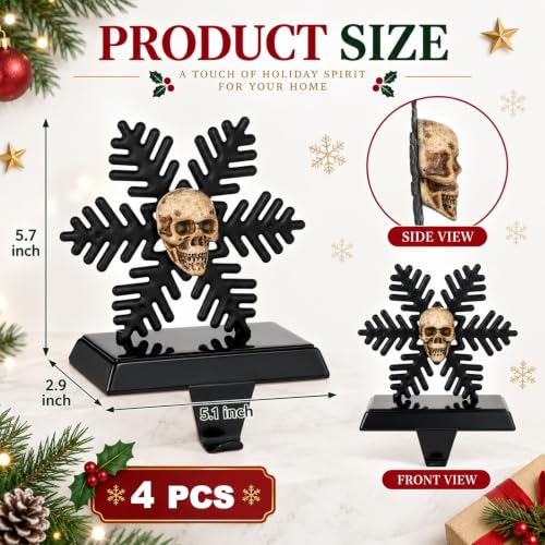Gothic Christmas Stocking Holders Set of 4 Black Snowflake Skull Decor
