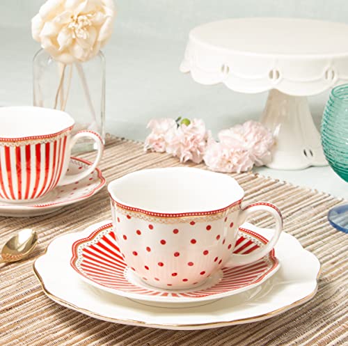 Red Dot Stripes Scallop 9-Ounce Porcelain Tea/Coffee Cup & Saucer Set - Gold Trim, Set of 2
