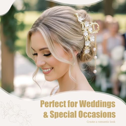 Gold Flower Hair Claw Clip with Pearl Tassel and Rhinestones for Thick Hair