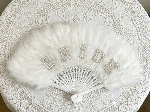 White Feather Bridal Hand Fan with Rhinestones for Wedding & Bachelorette Parties