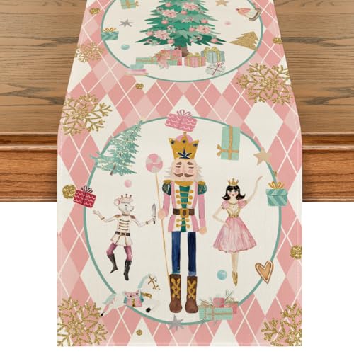 Christmas Nutcracker Table Runner 13x48 Inch Home Holiday Decor - Pink Variation