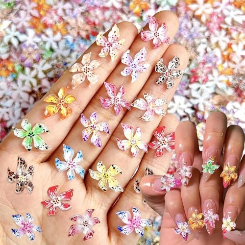 100 Pcs 3D Flower Nail Art Charms - Colorful Hibiscus Floral Rhinestones