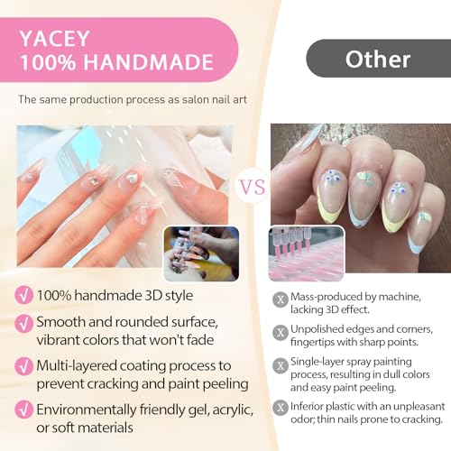 Yacey Handmade Short Almond Press On Nails Purple 3D Pearl Acrylic