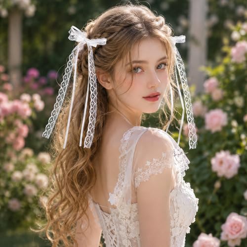 Zelphvt White Lace Hair Bows with Long Tails & Alligator Clips