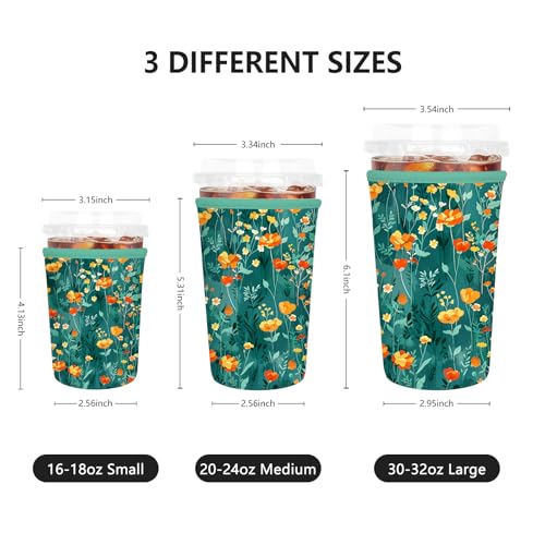 Reusable Neoprene Iced Coffee Sleeve - Green Flowers, 32 oz
