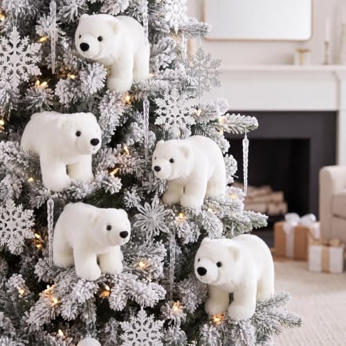 Large Christmas Polar Bear Ornaments Set - White Cuddly Animal Decorations, 5.12 x 7.87 Inches - Stand Included
