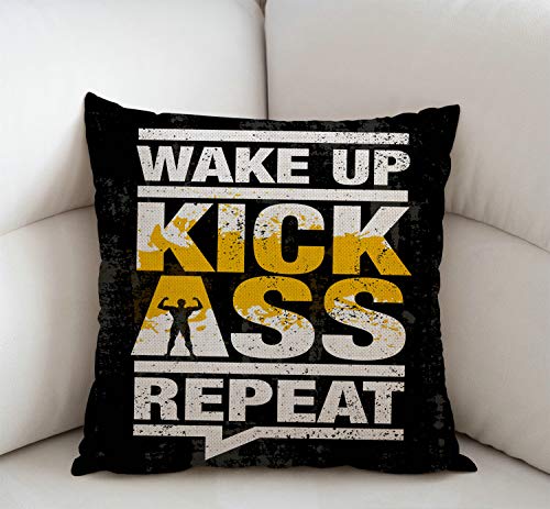 Swono Motivational Quote Throw Pillow Cover 18x18 Inch - Funny Fitness Cushion Case - Wake Up Kick Ass Repeat (Sw-005)
