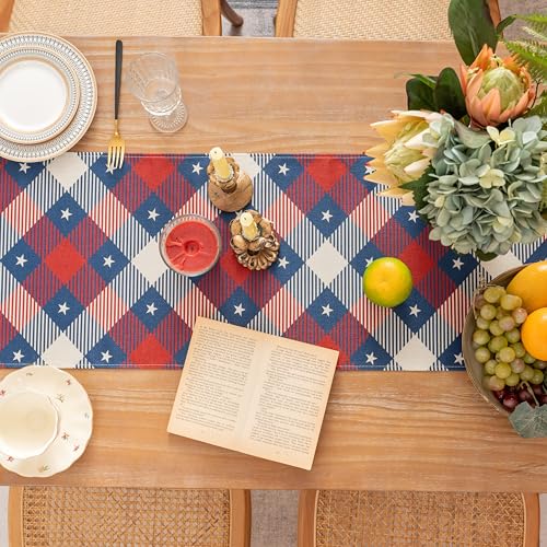 Patriotic 4th of July Table Runner 13x60 - Red Blue Buffalo Plaid