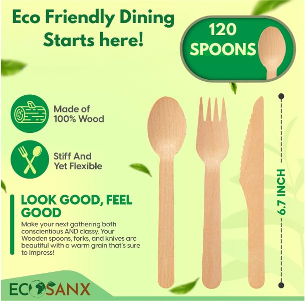 ECOSANX 120-Piece Disposable Wooden Spoons, 6.5" Eco-Friendly Compostable Cutlery