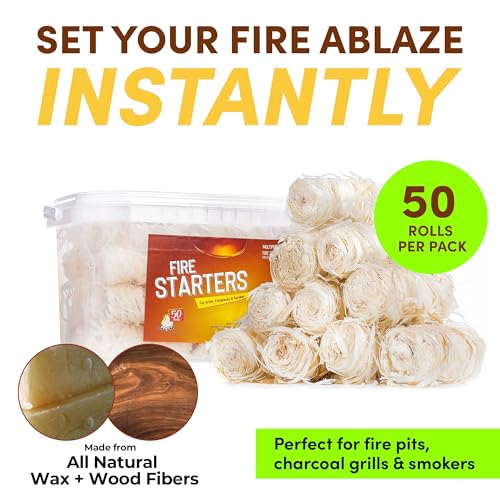 Natural Fire Starter Rolls - 50 Pack for Campfires, Grills & Fireplaces - Quick & Clean Ignite
