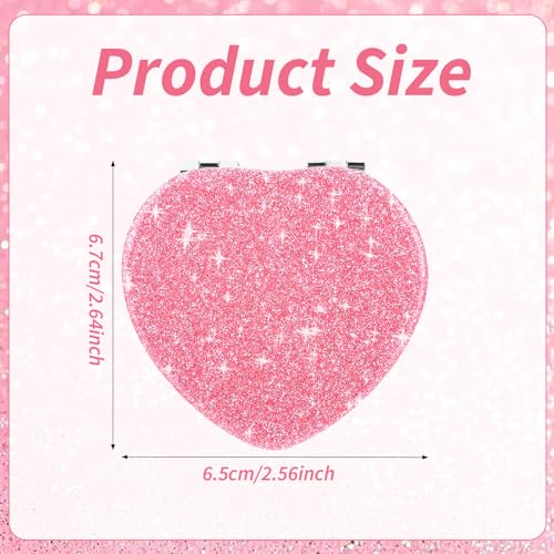 Dimeho Heart Shaped Compact Folding Mirror - Double Sided Portable Travel Makeup Vanity Mirror with 2X Magnification, Pink-Silver Glitter