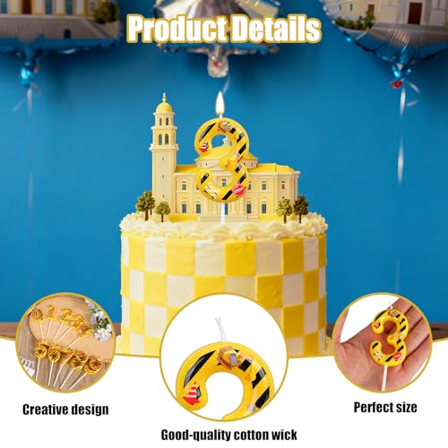 Penitue Construction Number 3 Birthday Candle, Yellow and Black Striped Cake Topper
