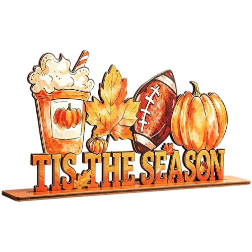 Autumn Football Decor Wooden Table Sign - Pumpkin & Maple Leaf