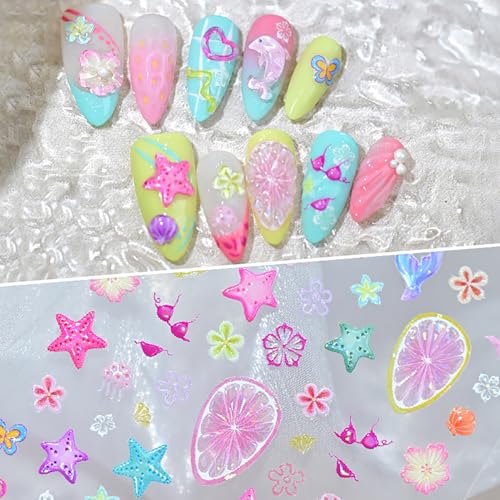5D Summer Beach Nail Art Stickers Embossed Flowers & Sea Life Decals
