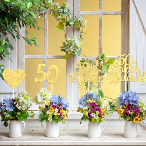 50th Anniversary Centerpiece Sticks - 12 Pcs Double-Sided Glitter Hearts