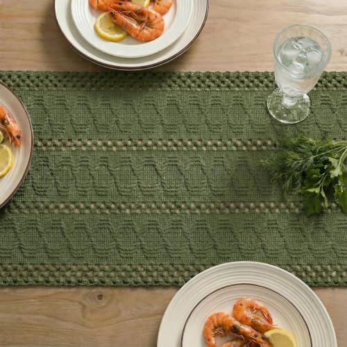 Army Green Woven Farmhouse Table Runner 12x108 Inch - Durable Polyester Cotton