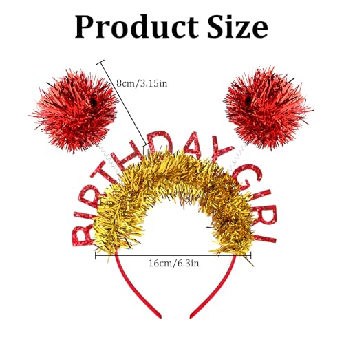 Jaciya Birthday Girl Tinsel Headband with Red Pom Poms and Gold Glitter