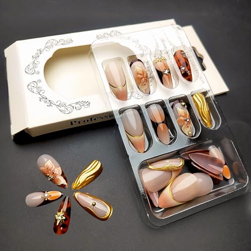 Almond French Tip Press On Nails with Floral Design & Rhinestones 24Pcs