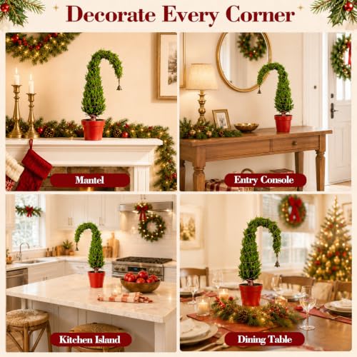 Whimsical Bent Top Mini Christmas Tree with Bell Ornament - Potted Holiday Decor