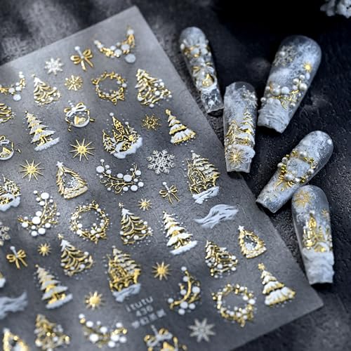 TailaiMei Embossed Christmas Nail Decals Gold Xmas Tree Snow Stickers