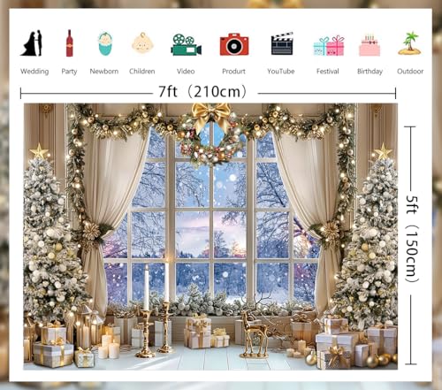 Christmas Window Backdrop White Winter Snow Forest Scene 7x5FT Xmas Photography Background Holiday Party Decor