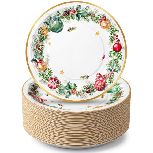 Christmas Paper Plates 100 Pcs 7 Inch White-Gold Wreath Design - Holiday Party Tableware
