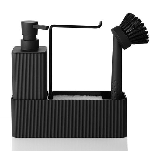 YAUKPH 4 in 1 Kitchen Soap Dispenser Set - Soap Dispenser Brush Sponge Holder Towel Rack (Striped Black)