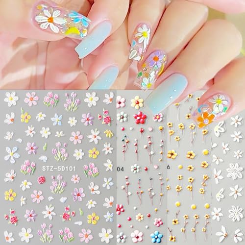 5D Embossed Flower Nail Stickers - Daisy Floral Decals 4 Sheets