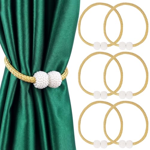 Magnetic Curtain Tiebacks 6 Pack - No Drill Heavy Duty Holdbacks with Pearl, 18.9" Gold