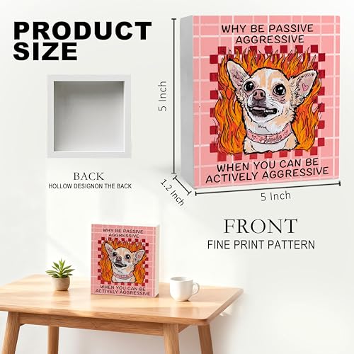 Funny Chihuahua Dog Wooden Sign | 5x5 Inch Pink Plaid Decor