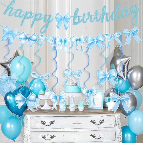 Blue Bow Birthday Party Decoration Set with Banner and Hanging Swirls